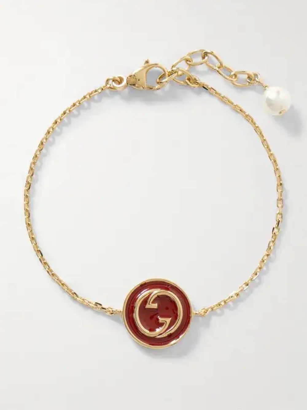 Gucci Gold Chain Bracelet with Red Enamel Logo and Pearl Accent